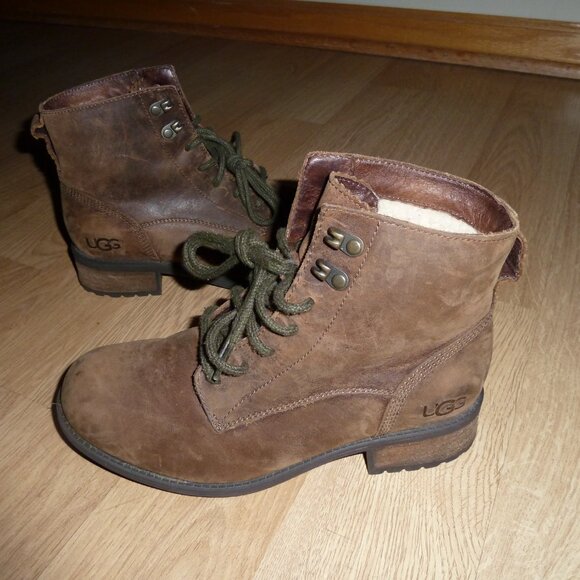 UGG Denhali Women's Size 7 Brown Leather Lace Up Shearling Ankle Boots 1007745 - Picture 4 of 13